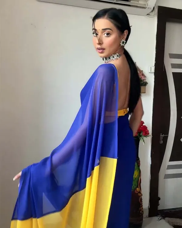 Navy_Blue_And_Yellow_Color_1-Minute_Ready_To_Wear_Georgette_Saree_With_Blouse_Piece