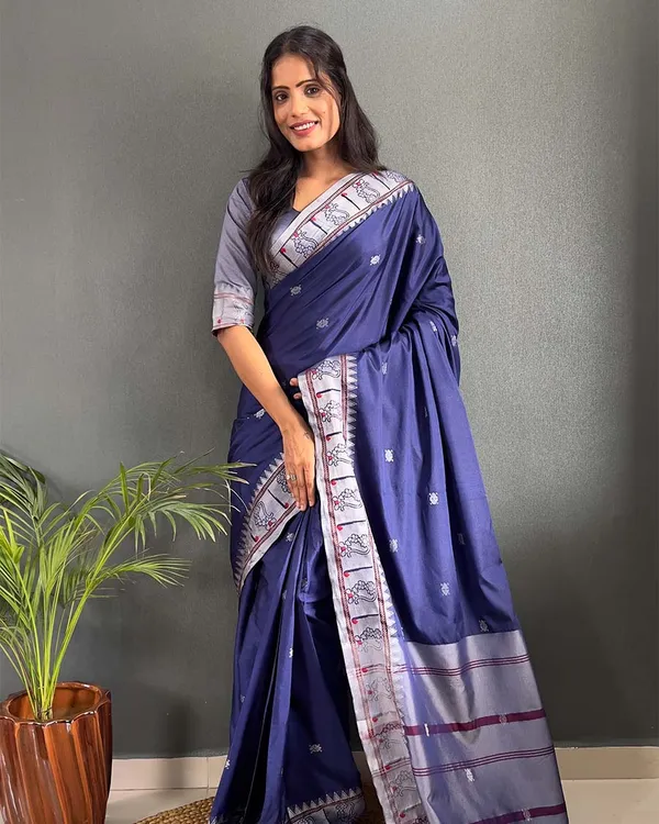 Navy_Blue_Color_1-Minute_Ready_To_Wear_Soft_Banarasi_Silk_Saree_With_Blouse_Piece
