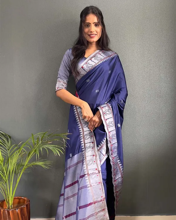 Navy_Blue_Color_1-Minute_Ready_To_Wear_Soft_Banarasi_Silk_Saree_With_Blouse_Piece