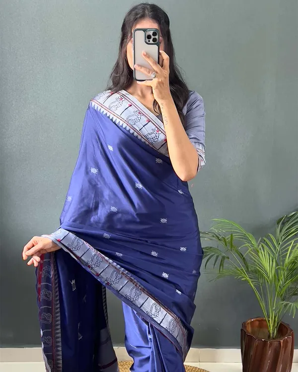 Navy_Blue_Color_1-Minute_Ready_To_Wear_Soft_Banarasi_Silk_Saree_With_Blouse_Piece