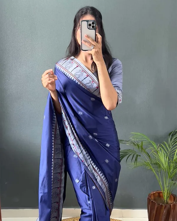 Navy_Blue_Color_1-Minute_Ready_To_Wear_Soft_Banarasi_Silk_Saree_With_Blouse_Piece