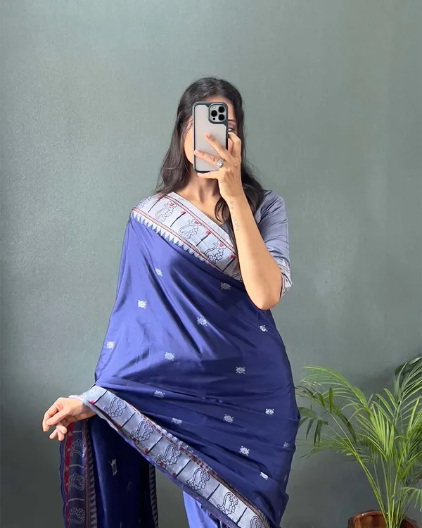 Navy_Blue_Color_1-Minute_Ready_To_Wear_Soft_Banarasi_Silk_Saree_With_Blouse_Piece