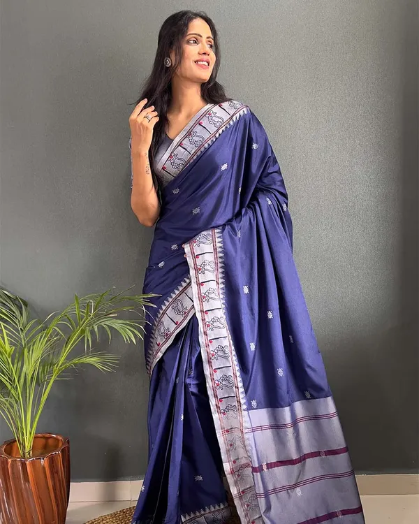 Navy_Blue_Color_1-Minute_Ready_To_Wear_Soft_Banarasi_Silk_Saree_With_Blouse_Piece