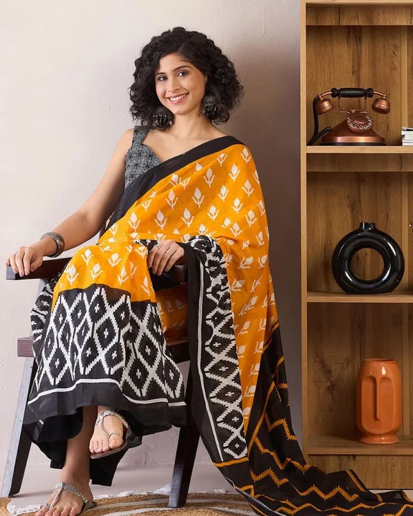 Yellow_And_Black_Color_Mulmul_Cotton_1_-_Minute_Ready_to_Wear_Saree_with_Pocket_and_Blouse_Piece