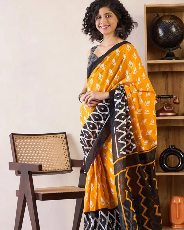 Yellow_And_Black_Color_Mulmul_Cotton_1_-_Minute_Ready_to_Wear_Saree_with_Pocket_and_Blouse_Piece