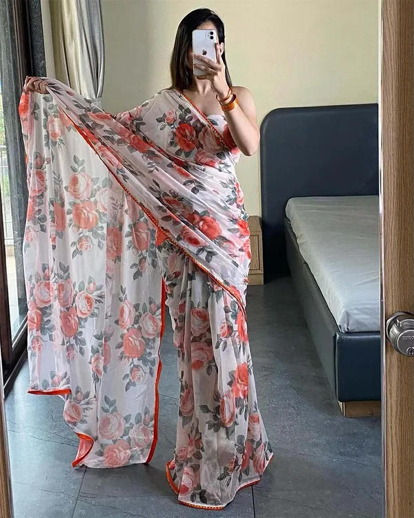 White_Color_1-Minute_Ready_To_Wear_Georgette_Saree_With_Blouse_Piece