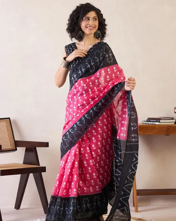 Pink_And_Black_Color_Mulmul_Cotton_1_-_Minute_Ready_to_Wear_Saree_with_Pocket_and_Blouse_Piece