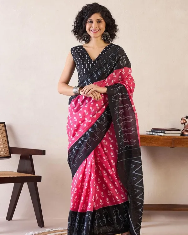 Pink_And_Black_Color_Mulmul_Cotton_1_-_Minute_Ready_to_Wear_Saree_with_Pocket_and_Blouse_Piece