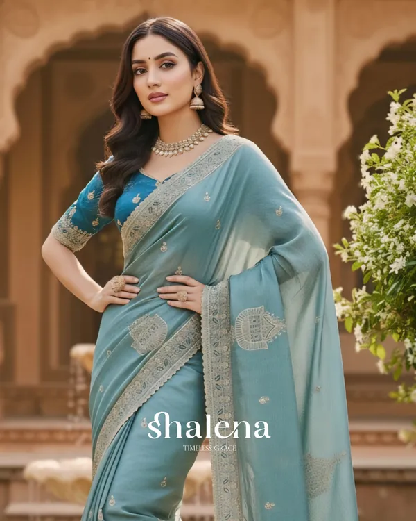 Enigmatic_Sky_Embroidery_Work_Chiffon_Silk_Saree_With_Elaborate_Full_Stitched_Blouse