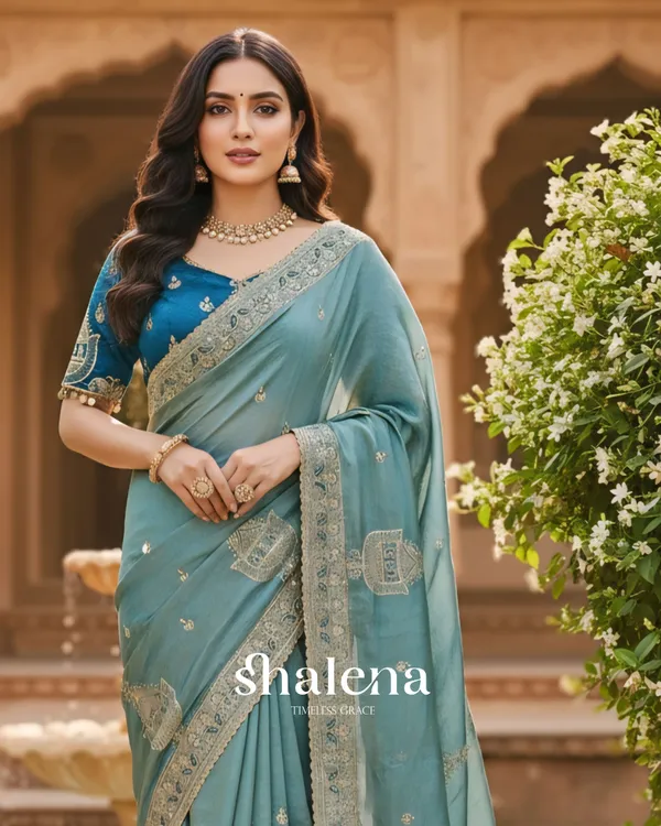 Enigmatic_Sky_Embroidery_Work_Chiffon_Silk_Saree_With_Elaborate_Full_Stitched_Blouse