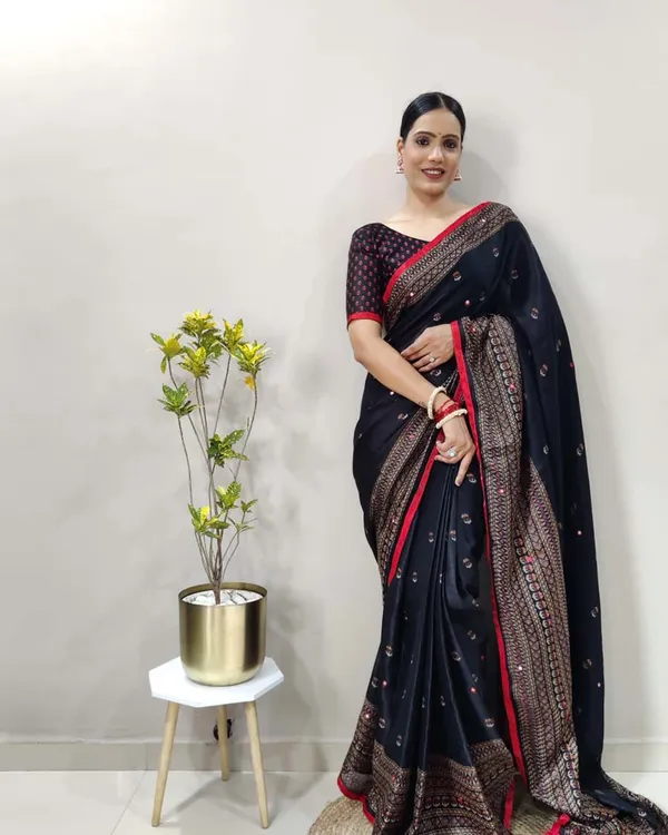 Black_Color_1_-_Minute_Ready_to_Wear_Jute_Silk_Linnen_Saree_with_Unstitch_Blouse_Piece