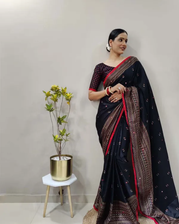 Black_Color_1_-_Minute_Ready_to_Wear_Jute_Silk_Linnen_Saree_with_Unstitch_Blouse_Piece
