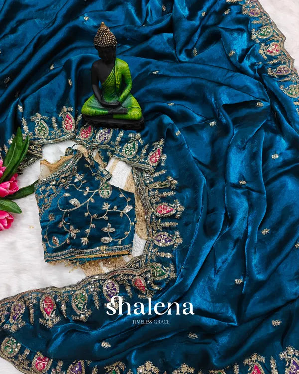Lovely_Blue_Fendy_Silk_Sequence_Embroidery_Work_Saree_With_Stitched_Blouse