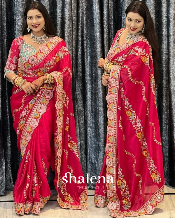 Seraphic_Dark_Pink_Rangoli_Silk_Sequence_Embroidery_Work_Saree_With_Stitched_Blouse