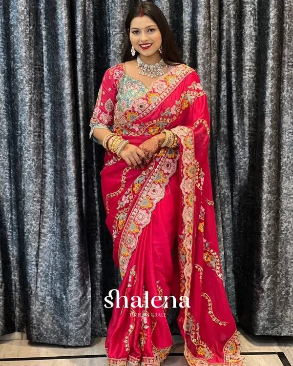 Seraphic_Dark_Pink_Rangoli_Silk_Sequence_Embroidery_Work_Saree_With_Stitched_Blouse