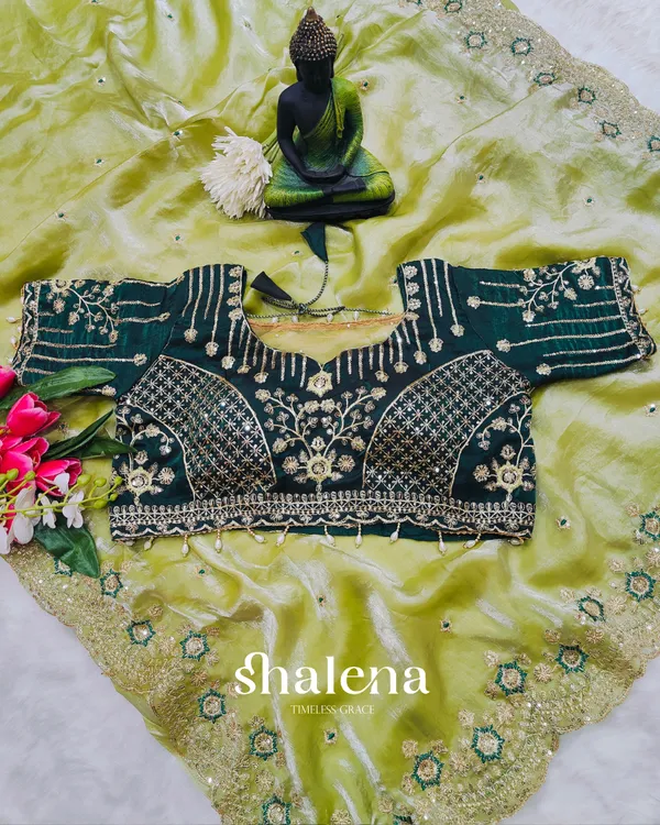 Pulsating_Green_Fendy_Silk_Sequence_Embroidery_Work_Saree_With_Stitched_Blouse