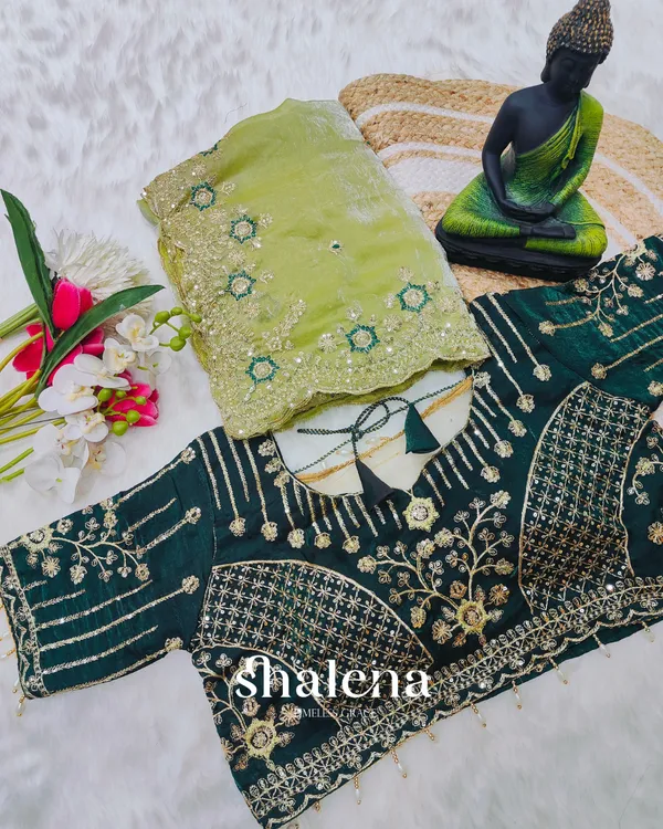 Pulsating_Green_Fendy_Silk_Sequence_Embroidery_Work_Saree_With_Stitched_Blouse
