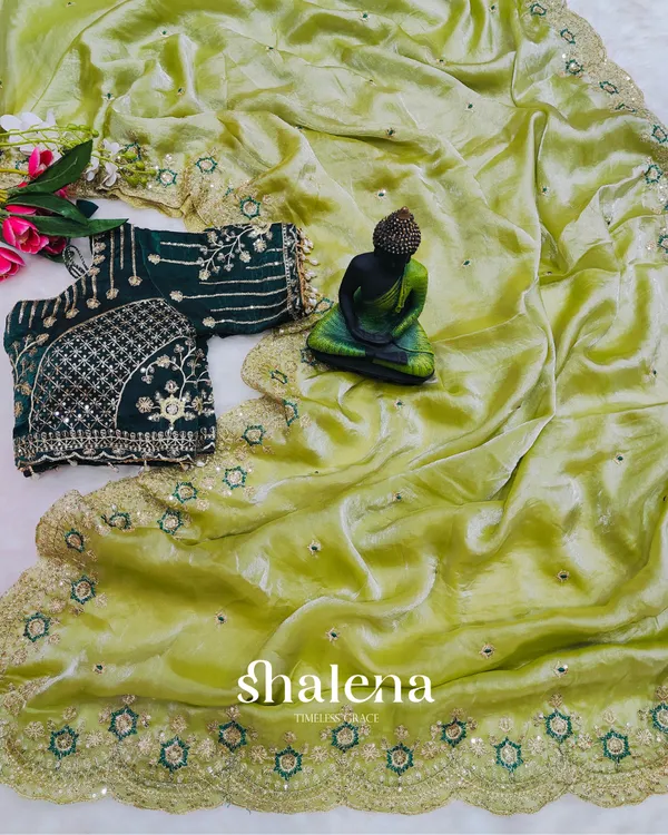 Pulsating_Green_Fendy_Silk_Sequence_Embroidery_Work_Saree_With_Stitched_Blouse