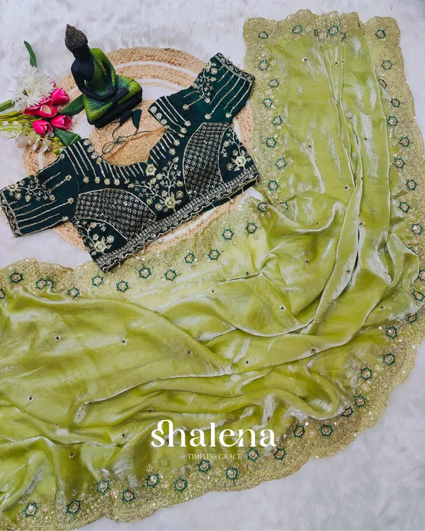 Pulsating_Green_Fendy_Silk_Sequence_Embroidery_Work_Saree_With_Stitched_Blouse
