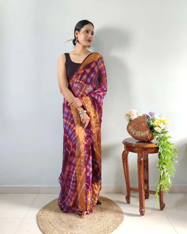 Marron_Color_1-Minute_Ready_To_Wear_Georgette_Saree_With_Blouse_Piece