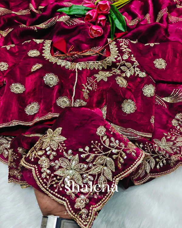 Dalliance_Maroon_Fendy_Silk_Sequence_Embroidery_Work_Saree_With_Stitched_Blouse