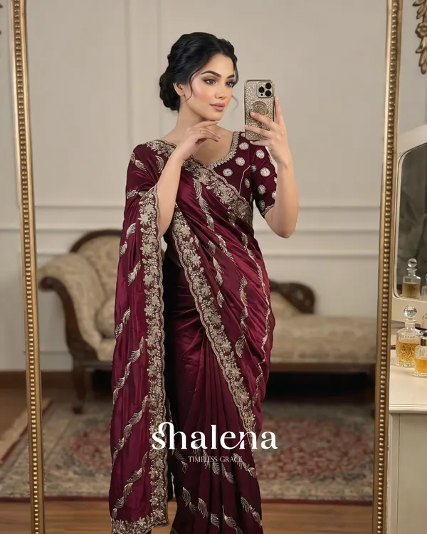 Dalliance_Maroon_Fendy_Silk_Sequence_Embroidery_Work_Saree_With_Stitched_Blouse