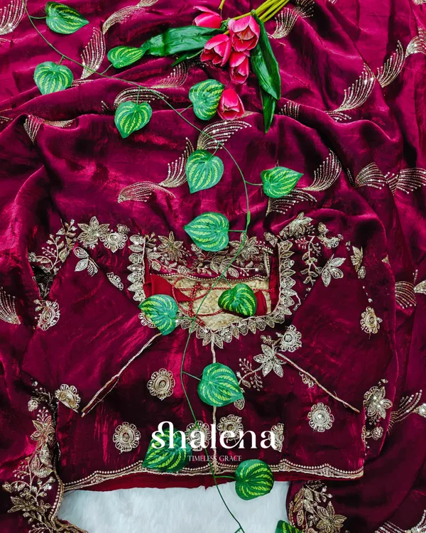 Dalliance_Maroon_Fendy_Silk_Sequence_Embroidery_Work_Saree_With_Stitched_Blouse