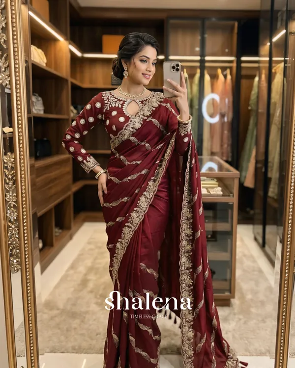 Dalliance_Maroon_Fendy_Silk_Sequence_Embroidery_Work_Saree_With_Stitched_Blouse