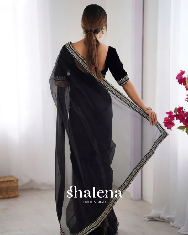 Captivating_Black_Twill_Net_Embroidery_Work_Saree_With_Velvet_Blouse_Piece