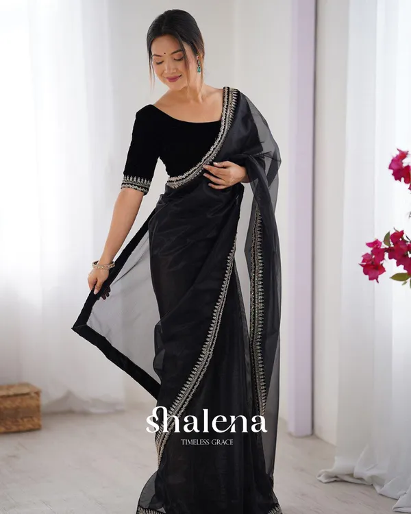 Captivating_Black_Twill_Net_Embroidery_Work_Saree_With_Velvet_Blouse_Piece