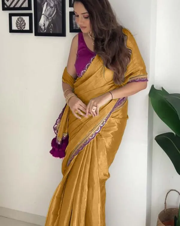 Brown_Color_Soft_Chinnon_Silk_Saree_with_Lace_Border_&_Blouse_Piece