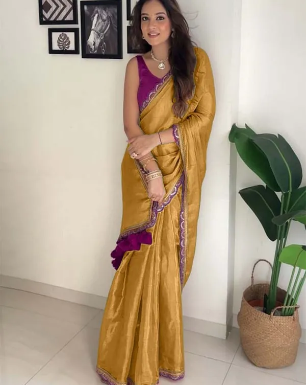 Brown_Color_Soft_Chinnon_Silk_Saree_with_Lace_Border_&_Blouse_Piece