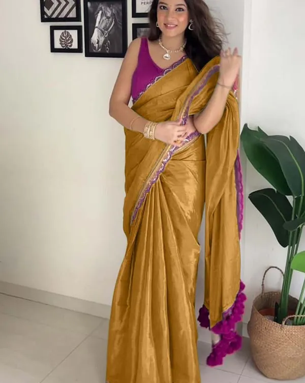Brown_Color_Soft_Chinnon_Silk_Saree_with_Lace_Border_&_Blouse_Piece