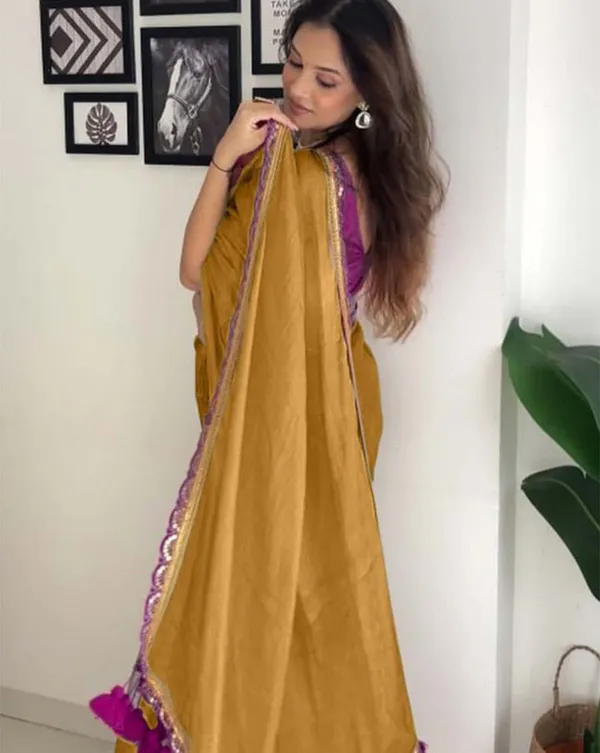 Brown_Color_Soft_Chinnon_Silk_Saree_with_Lace_Border_&_Blouse_Piece