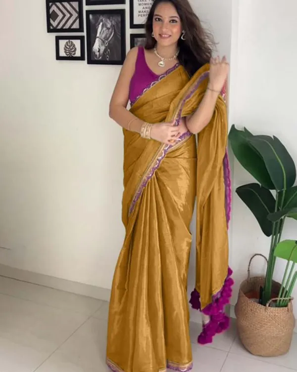 Brown_Color_Soft_Chinnon_Silk_Saree_with_Lace_Border_&_Blouse_Piece