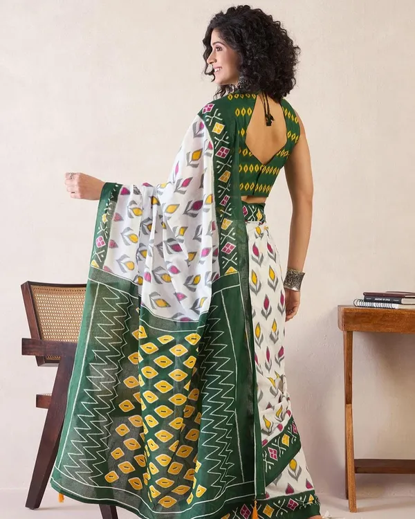 White_And_Green_Color_Mulmul_Cotton_1_-_Minute_Ready_to_Wear_Saree_with_Pocket_and_Blouse_Piece