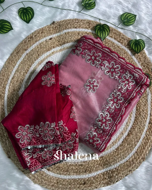 Charismatic_Pink_Organza_Silk_Saree_With_Whimsical_Full_Stitched_Blouse