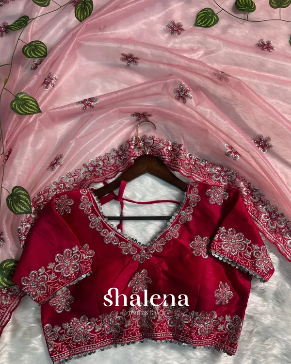 Charismatic_Pink_Organza_Silk_Saree_With_Whimsical_Full_Stitched_Blouse