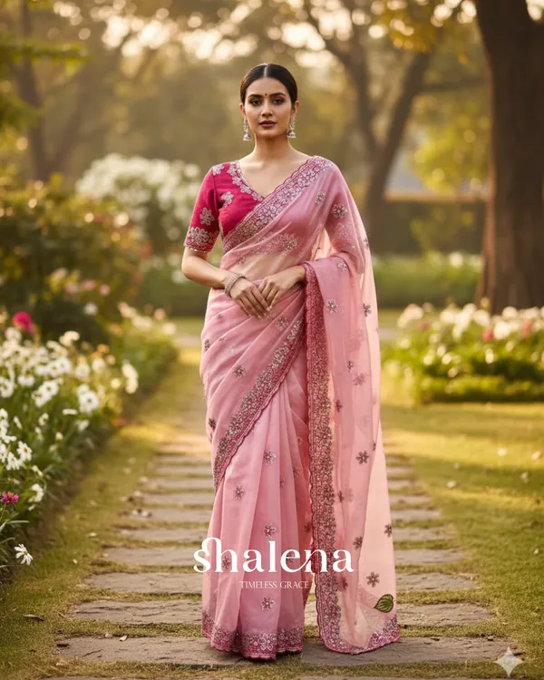 Charismatic_Pink_Organza_Silk_Saree_With_Whimsical_Full_Stitched_Blouse
