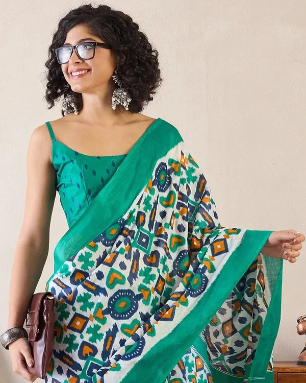 Bottle_Blue_Color_Mulmul_Cotton_1_-_Minute_Ready_to_Wear_Saree_with_Pocket_and_Blouse_Piece
