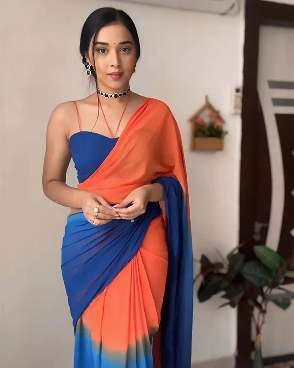 Navy_Blue_And_Orange_Color_1-Minute_Ready_To_Wear_Georgette_Saree_With_Blouse_Piece
