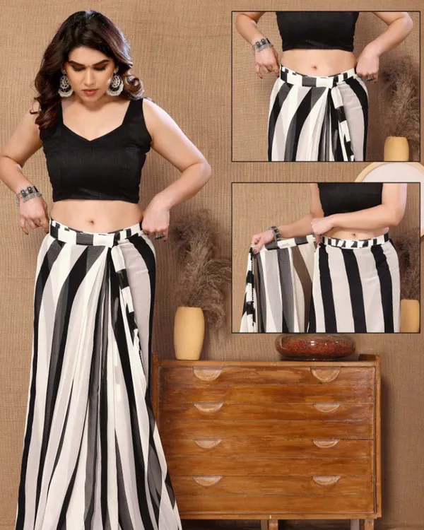 Black_and_White_Color_1-Minute_Ready_To_Wear_Georgette_Saree_With_Blouse_Piece