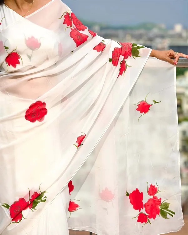 White_Color_1-Minute_Ready_to_Wear_Georgette_Saree_with_Floral_Design_&_Blouse_Piece
