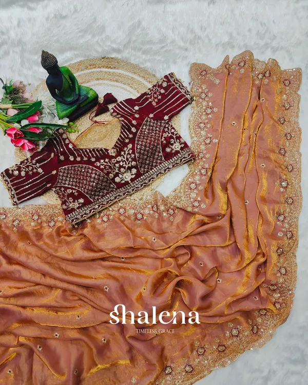 Enamoring_Peach_Fendy_Silk_Sequence_Embroidery_Work_Saree_With_Stitched_Blouse