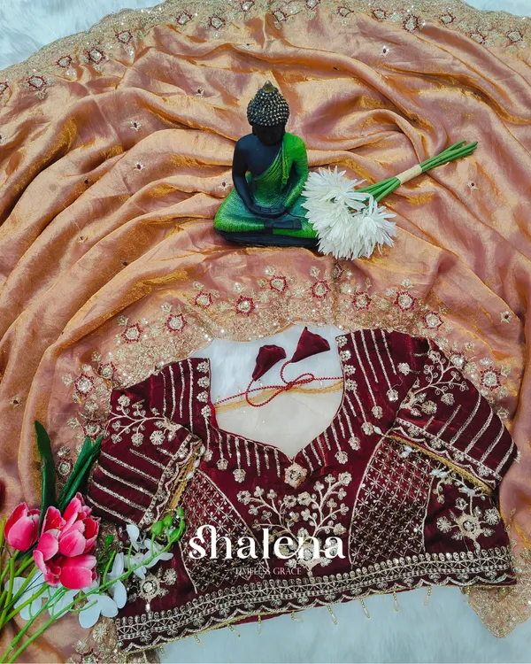 Enamoring_Peach_Fendy_Silk_Sequence_Embroidery_Work_Saree_With_Stitched_Blouse