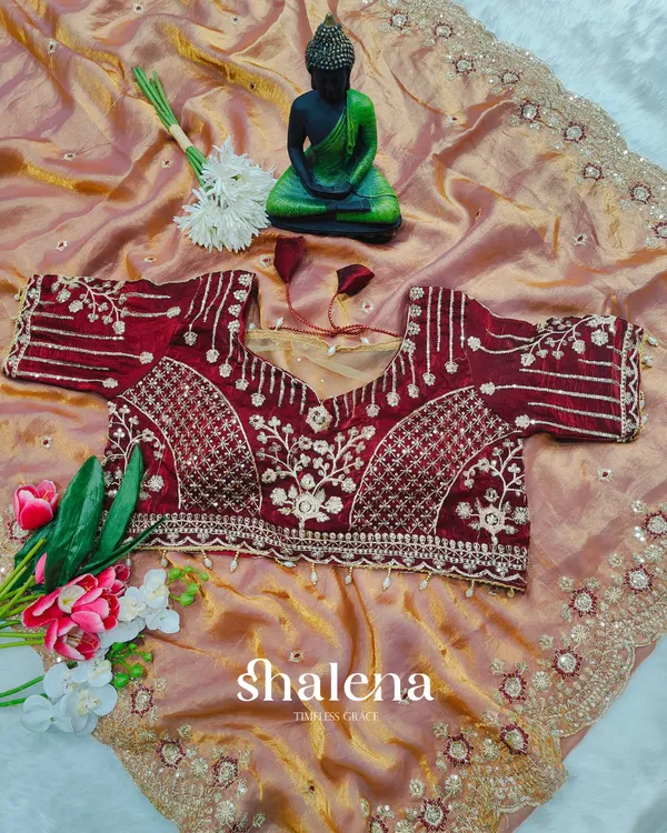 Enamoring_Peach_Fendy_Silk_Sequence_Embroidery_Work_Saree_With_Stitched_Blouse