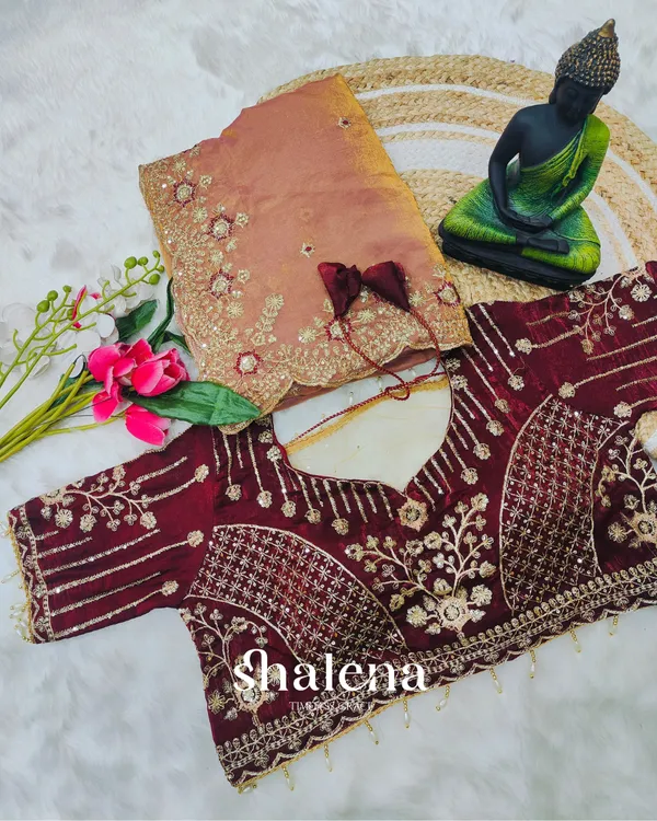 Enamoring_Peach_Fendy_Silk_Sequence_Embroidery_Work_Saree_With_Stitched_Blouse