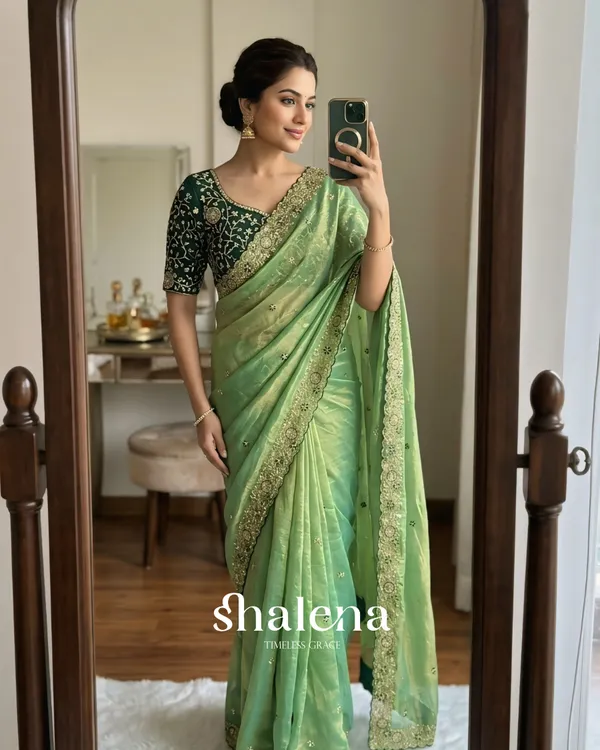 Chatoyant_Green_Fendy_Chiffon_Silk_Sequence_Embroidery_Work_Saree_With_Stitched_Blouse