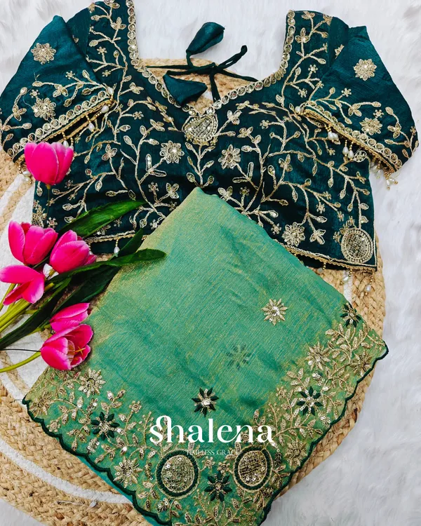 Chatoyant_Green_Fendy_Chiffon_Silk_Sequence_Embroidery_Work_Saree_With_Stitched_Blouse