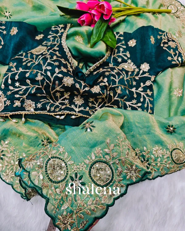 Chatoyant_Green_Fendy_Chiffon_Silk_Sequence_Embroidery_Work_Saree_With_Stitched_Blouse